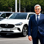 A professional, diverse adult, fully clothed in a modest, elegant business suit, stands confidently next to a sleek, modern silver hybrid SUV in a bustling, well-lit urban car park during the daytime. Other various, modern vehicles are subtly visible in the background, illustrating the widespread presence of advanced automobiles. The pose is natural. This image is safe for work, appropriate content, fully clothed, professional, perfect anatomy, correct proportions, well-formed hands, proper finger count, natural body proportions, professional photography, high quality.