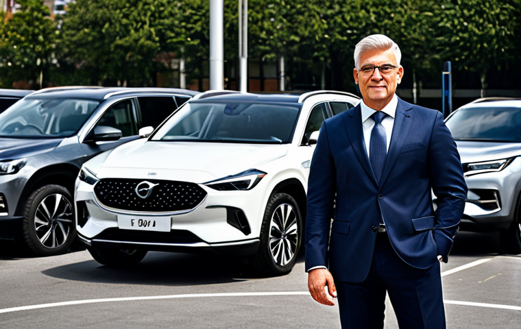 A professional, diverse adult, fully clothed in a modest, elegant business suit, stands confidently next to a sleek, modern silver hybrid SUV in a bustling, well-lit urban car park during the daytime. Other various, modern vehicles are subtly visible in the background, illustrating the widespread presence of advanced automobiles. The pose is natural. This image is safe for work, appropriate content, fully clothed, professional, perfect anatomy, correct proportions, well-formed hands, proper finger count, natural body proportions, professional photography, high quality.
