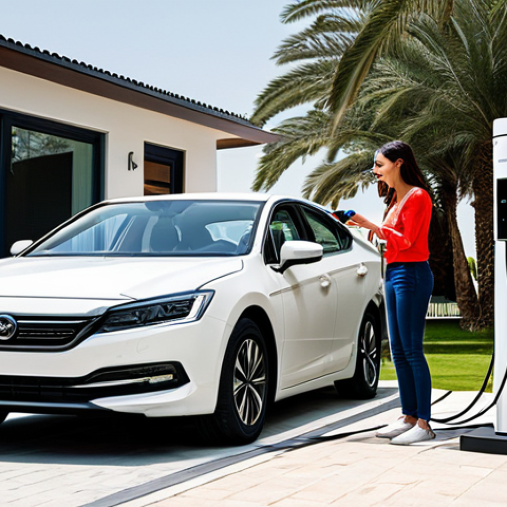 **

"A modern family is charging their hybrid car in the driveway of their stylish home. The car is plugged into a home charging unit. The family is smiling and interacting positively. Safe for work, appropriate content, fully clothed, modest clothing, professional photography, perfect anatomy, natural proportions, family-friendly scene, well-lit, clean, and realistic. The scene is set in a modern residential area with palm trees in the background. The car is a popular hybrid model available in the Middle East. Depict a sense of convenience and eco-friendliness."

**