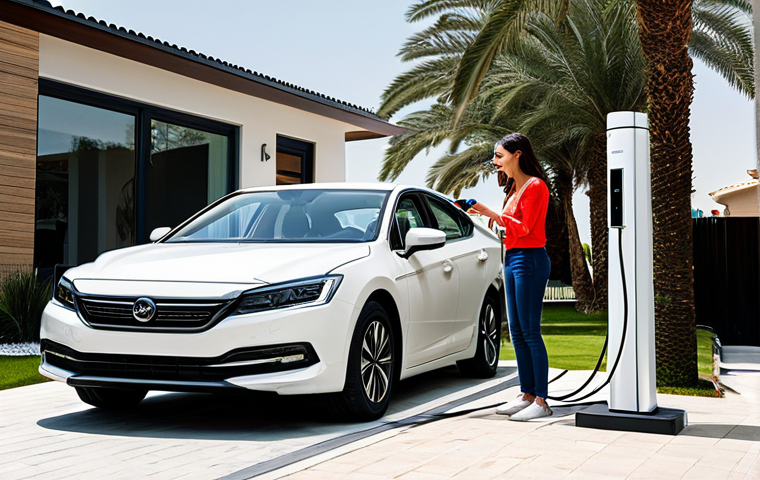 **

"A modern family is charging their hybrid car in the driveway of their stylish home. The car is plugged into a home charging unit. The family is smiling and interacting positively. Safe for work, appropriate content, fully clothed, modest clothing, professional photography, perfect anatomy, natural proportions, family-friendly scene, well-lit, clean, and realistic. The scene is set in a modern residential area with palm trees in the background. The car is a popular hybrid model available in the Middle East. Depict a sense of convenience and eco-friendliness."

**