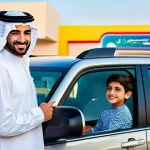 하이브리드 차량의 주요 기능 소개 - **Prompt:** "A serene and economically savvy Arab family moment at a modern gas station in a vibrant...