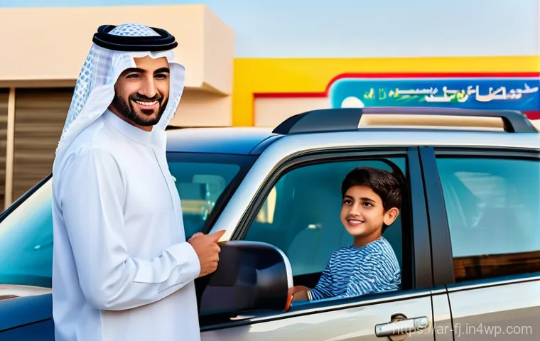 하이브리드 차량의 주요 기능 소개 - **Prompt:** "A serene and economically savvy Arab family moment at a modern gas station in a vibrant...