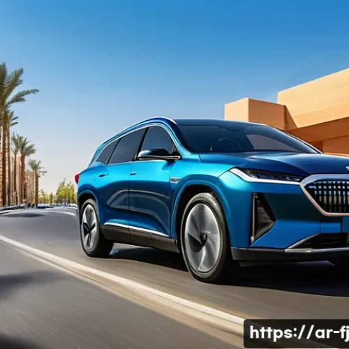 하이브리드 차량의 도로주행 리포트 - A sleek modern hybrid car driving smoothly through a bustling Riyadh city street during the day, sho...