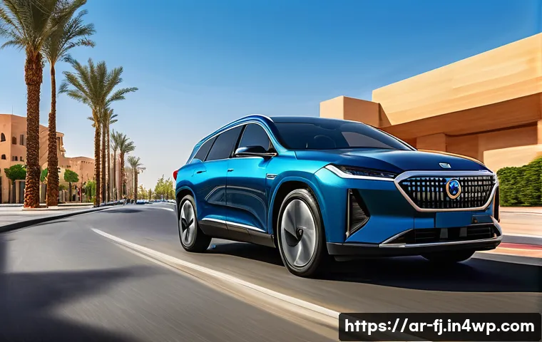 하이브리드 차량의 도로주행 리포트 - A sleek modern hybrid car driving smoothly through a bustling Riyadh city street during the day, sho...