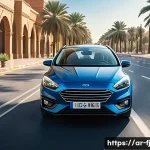 Home 16 하이브리드 차량의 성능을 높이는 연비 주행 팁 - A modern hybrid car driving smoothly on a sunny urban road in an Arabic city, featuring traditional ...