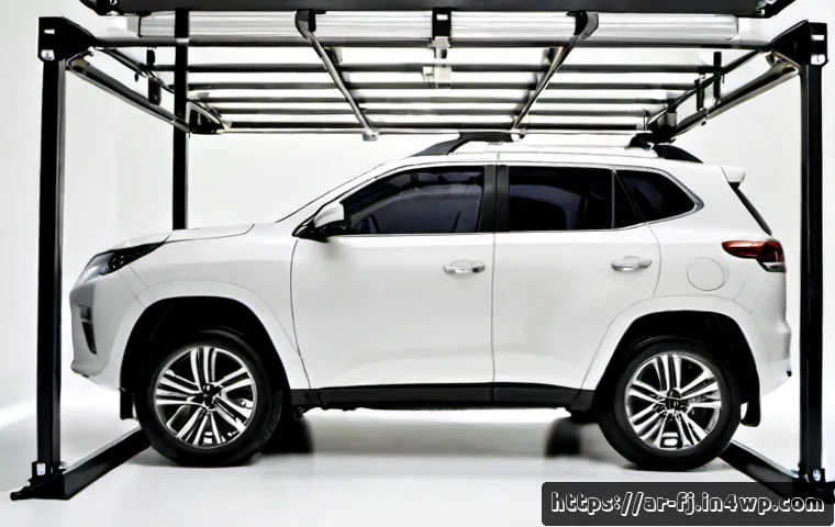 하이브리드 차량의 차체 구조와 안전성 - Photorealistic cutaway view of a modern hybrid SUV in a pristine automotive safety laboratory, visib...